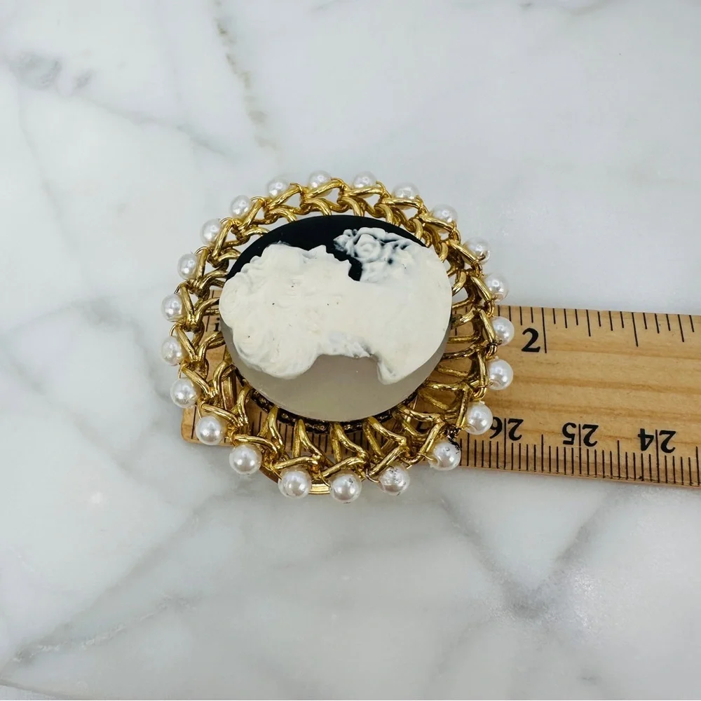 Vintage Faux Cameo Scarf Ring Slide Faux Pearl Romantic Victorian Bridgerton Big